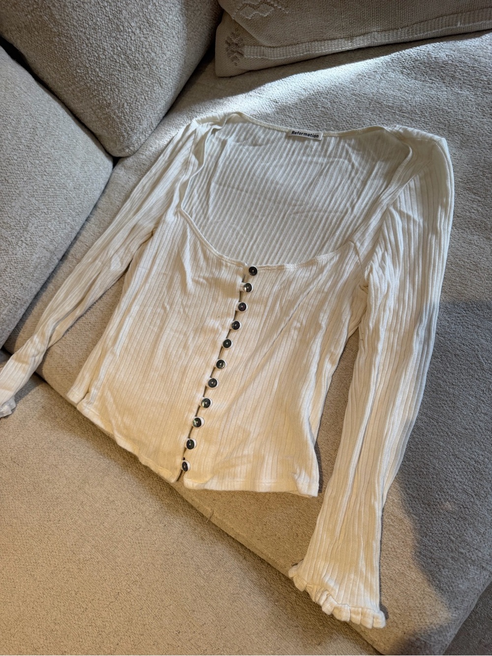 Reformation Cream Ribbed Button-Front Long Sleeve Top